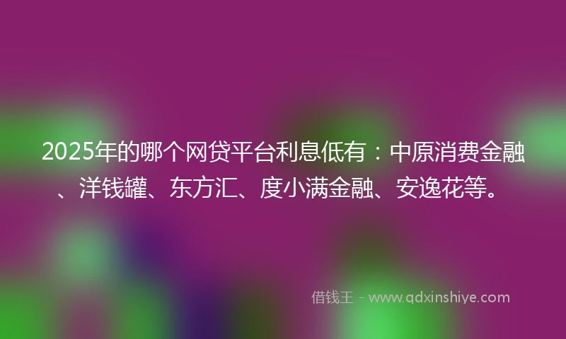 2025年的哪个网贷平台利息低有：中原消费金融、洋钱罐、东方汇、度小满金融、安逸花等。