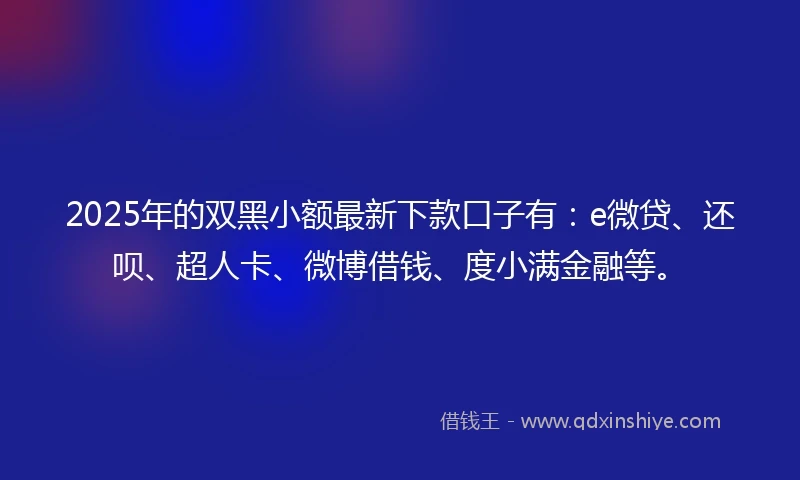 2025年的双黑小额最新下款口子有：e微贷、还呗、超人卡、微博借钱、度小满金融等。