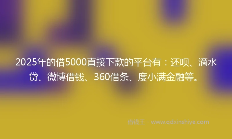 2025年的借5000直接下款的平台有：还呗、滴水贷、微博借钱、360借条、度小满金融等。