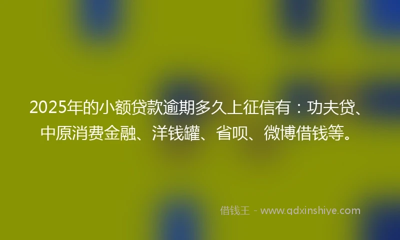 2025年的小额贷款逾期多久上征信有：功夫贷、中原消费金融、洋钱罐、省呗、微博借钱等。