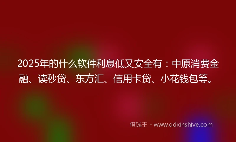 2025年的什么软件利息低又安全有：中原消费金融、读秒贷、东方汇、信用卡贷、小花钱包等。