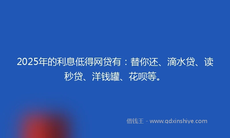 2025年的利息低得网贷有：替你还、滴水贷、读秒贷、洋钱罐、花呗等。