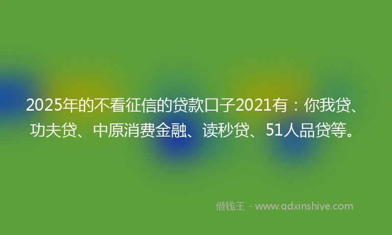 2025年的不看征信的贷款口子2021有：你我贷、功夫贷、中原消费金融、读秒贷、51人品贷等。