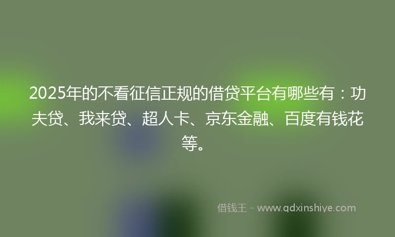 2025年的不看征信正规的借贷平台有哪些有：功夫贷、我来贷、超人卡、京东金融、百度有钱花等。