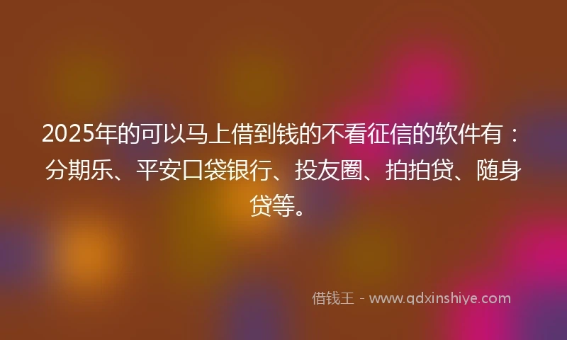 2025年的可以马上借到钱的不看征信的软件有：分期乐、平安口袋银行、投友圈、拍拍贷、随身贷等。