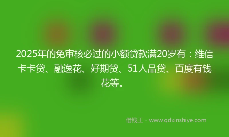 2025年的免审核必过的小额贷款满20岁有：维信卡卡贷、融逸花、好期贷、51人品贷、百度有钱花等。