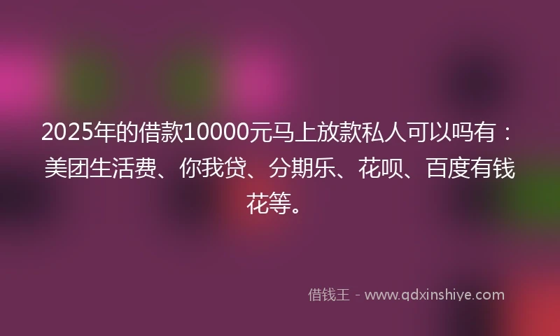 2025年的借款10000元马上放款私人可以吗有：美团生活费、你我贷、分期乐、花呗、百度有钱花等。