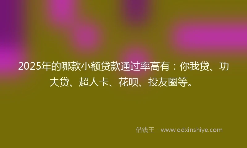 2025年的哪款小额贷款通过率高有:你我贷、功夫贷、超人卡、花呗、投友圈等。