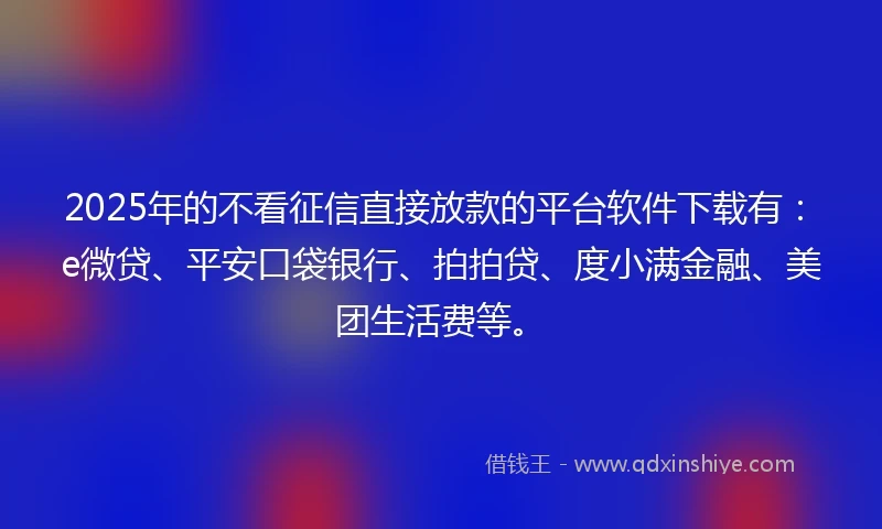 2025年的不看征信直接放款的平台软件下载有：e微贷、平安口袋银行、拍拍贷、度小满金融、美团生活费等。