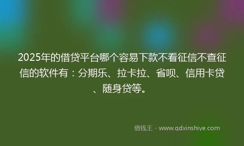 2025年的借贷平台哪个容易下款不看征信不查征信的软件有：分期乐、拉卡拉、省呗、信用卡贷、随身贷等。