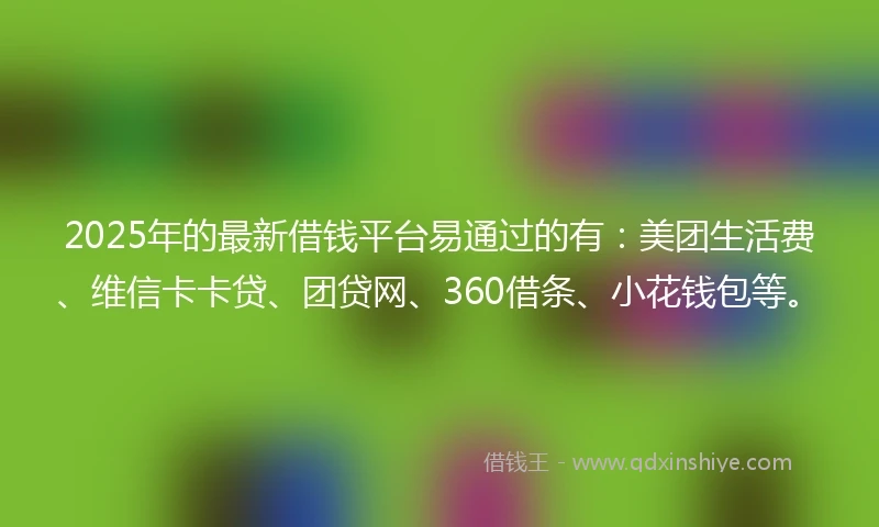 2025年的最新借钱平台易通过的有：美团生活费、维信卡卡贷、团贷网、360借条、小花钱包等。