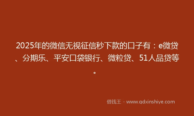 2025年的微信无视征信秒下款的口子有：e微贷、分期乐、平安口袋银行、微粒贷、51人品贷等。