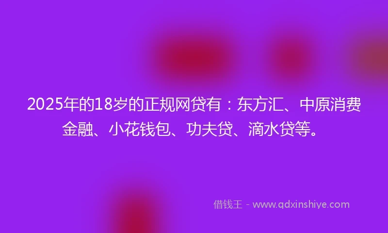 2025年的18岁的正规网贷有：东方汇、中原消费金融、小花钱包、功夫贷、滴水贷等。