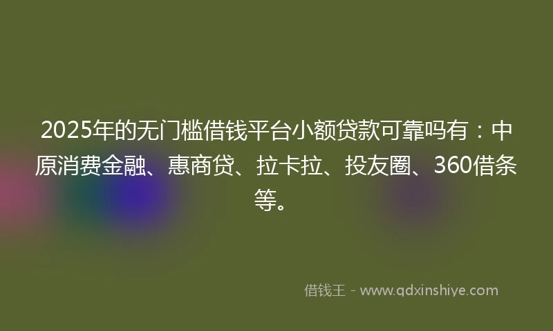 2025年的无门槛借钱平台小额贷款可靠吗有：中原消费金融、惠商贷、拉卡拉、投友圈、360借条等。