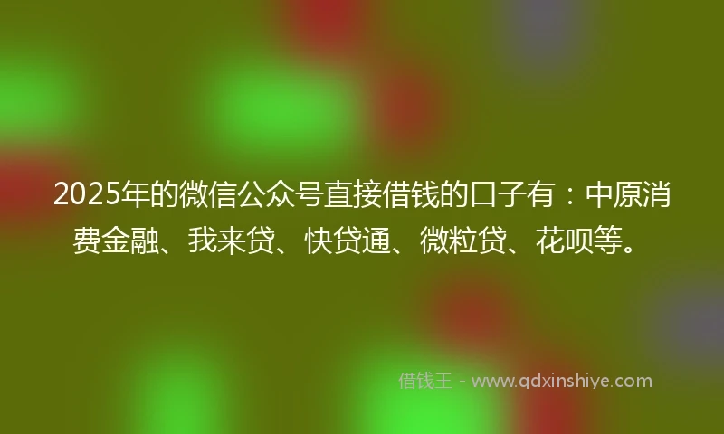2025年的微信公众号直接借钱的口子有：中原消费金融、我来贷、快贷通、微粒贷、花呗等。