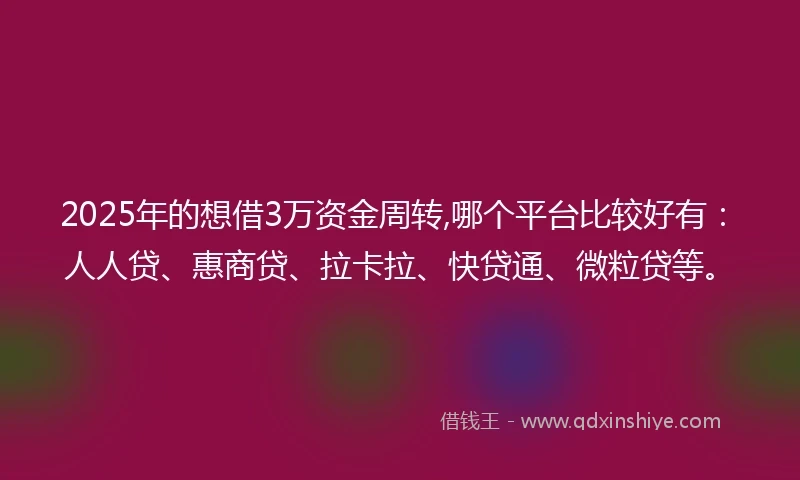 2025年的想借3万资金周转,哪个平台比较好有：人人贷、惠商贷、拉卡拉、快贷通、微粒贷等。