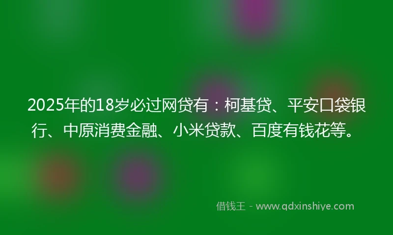 2025年的18岁必过网贷有：柯基贷、平安口袋银行、中原消费金融、小米贷款、百度有钱花等。