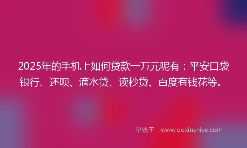 2025年的手机上如何贷款一万元呢有：平安口袋银行、还呗、滴水贷、读秒贷、百度有钱花等。