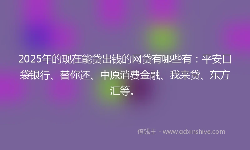 2025年的现在能贷出钱的网贷有哪些有:平安口袋银行、替你还、中原消费金融、我来贷、东方汇等。