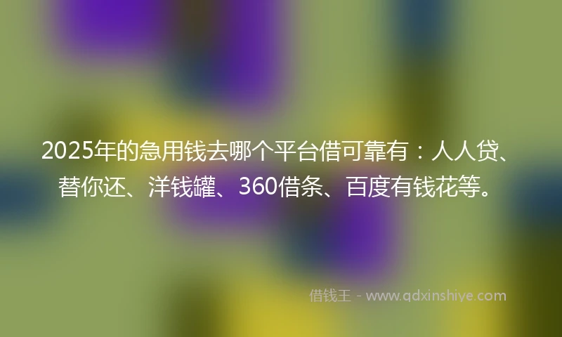 2025年的急用钱去哪个平台借可靠有：人人贷、替你还、洋钱罐、360借条、百度有钱花等。