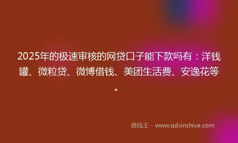 2025年的极速审核的网贷口子能下款吗有：洋钱罐、微粒贷、微博借钱、美团生活费、安逸花等。