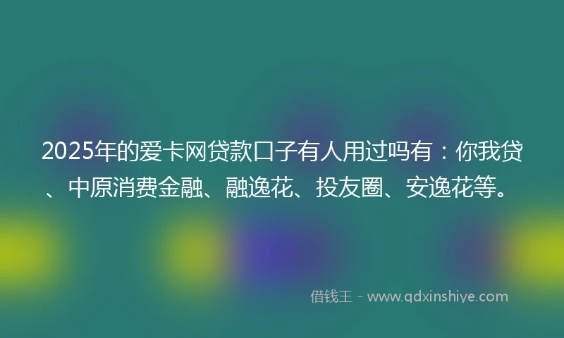 2025年的爱卡网贷款口子有人用过吗有：你我贷、中原消费金融、融逸花、投友圈、安逸花等。