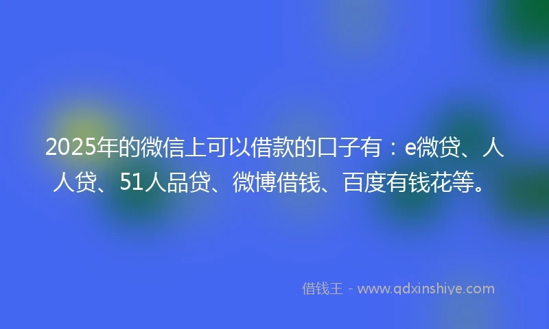 2025年的微信上可以借款的口子有：e微贷、人人贷、51人品贷、微博借钱、百度有钱花等。