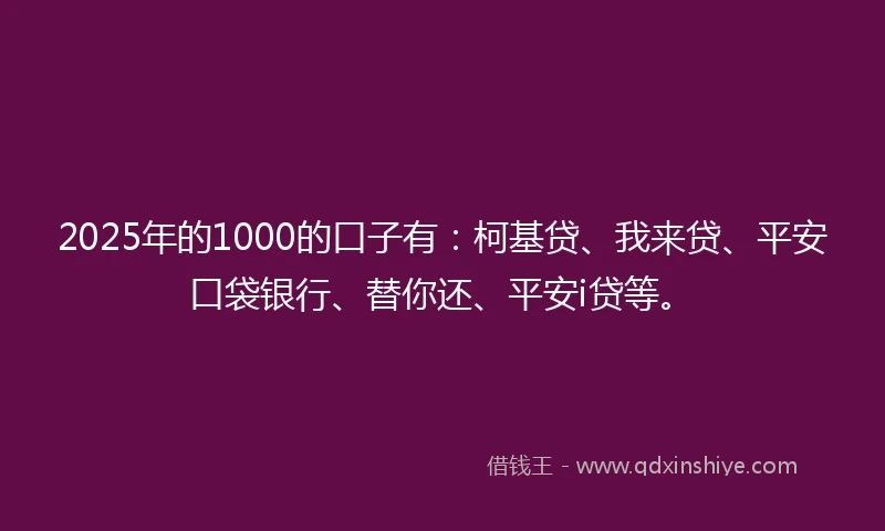 2025年的1000的口子有：柯基贷、我来贷、平安口袋银行、替你还、平安i贷等。