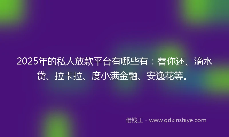 2025年的私人放款平台有哪些有：替你还、滴水贷、拉卡拉、度小满金融、安逸花等。