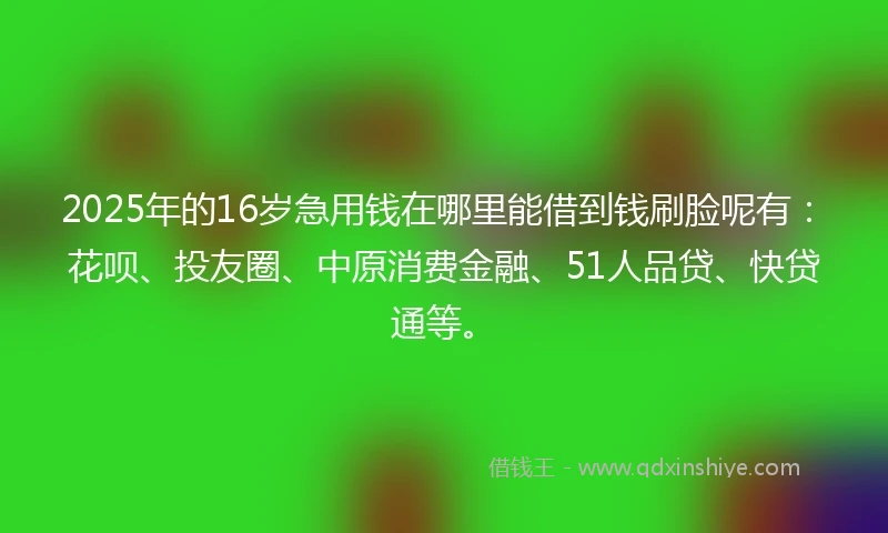 2025年的16岁急用钱在哪里能借到钱刷脸呢有：花呗、投友圈、中原消费金融、51人品贷、快贷通等。