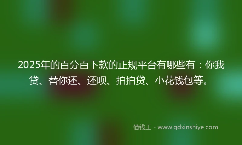 2025年的百分百下款的正规平台有哪些有：你我贷、替你还、还呗、拍拍贷、小花钱包等。