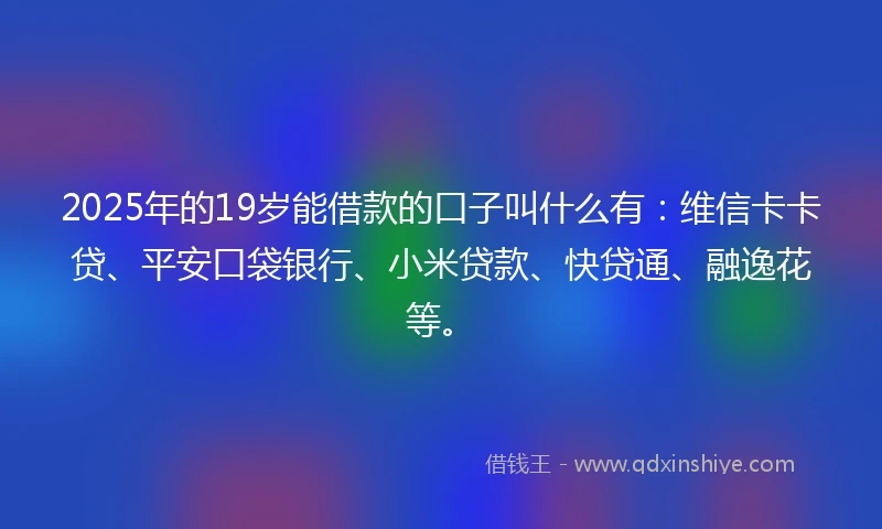 2025年的19岁能借款的口子叫什么有：维信卡卡贷、平安口袋银行、小米贷款、快贷通、融逸花等。