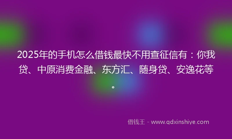 2025年的手机怎么借钱最快不用查征信有：你我贷、中原消费金融、东方汇、随身贷、安逸花等。