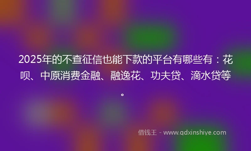2025年的不查征信也能下款的平台有哪些有：花呗、中原消费金融、融逸花、功夫贷、滴水贷等。