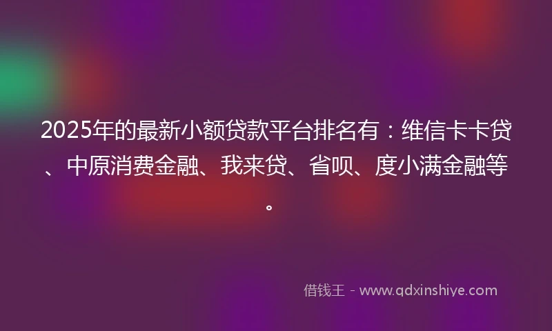 2025年的最新小额贷款平台排名有：维信卡卡贷、中原消费金融、我来贷、省呗、度小满金融等。