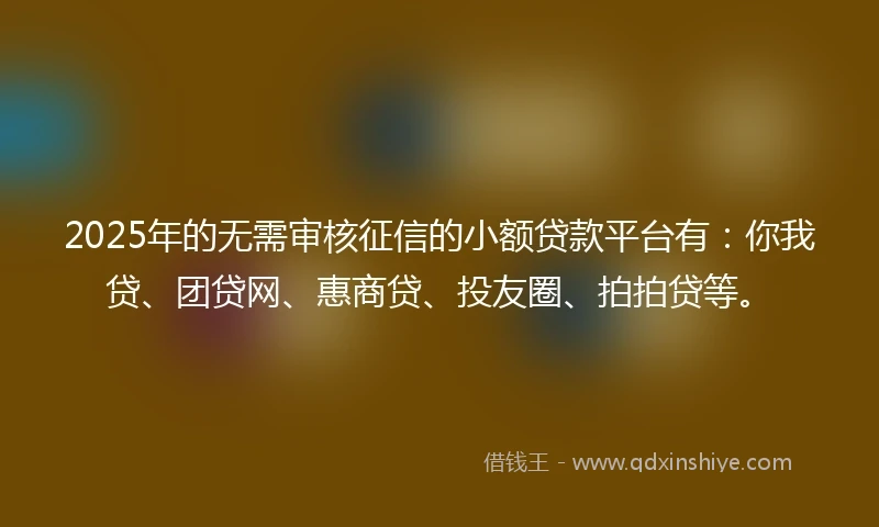 2025年的无需审核征信的小额贷款平台有：你我贷、团贷网、惠商贷、投友圈、拍拍贷等。