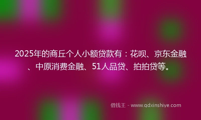 2025年的商丘个人小额贷款有：花呗、京东金融、中原消费金融、51人品贷、拍拍贷等。