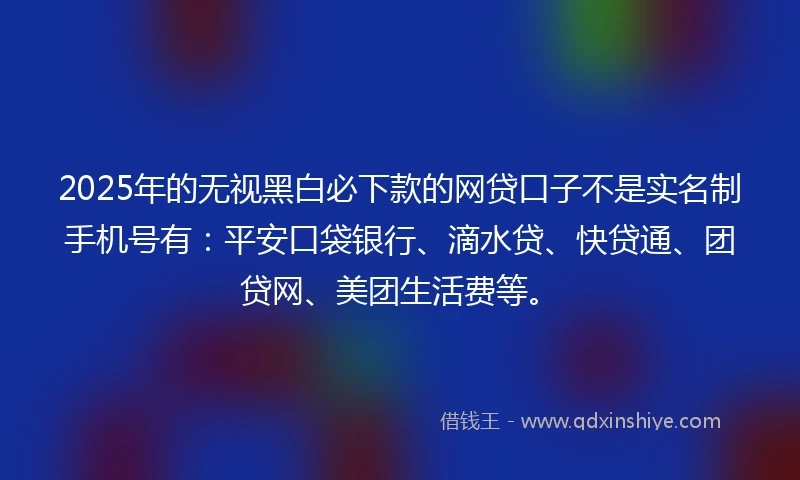 2025年的无视黑白必下款的网贷口子不是实名制手机号有：平安口袋银行、滴水贷、快贷通、团贷网、美团生活费等。