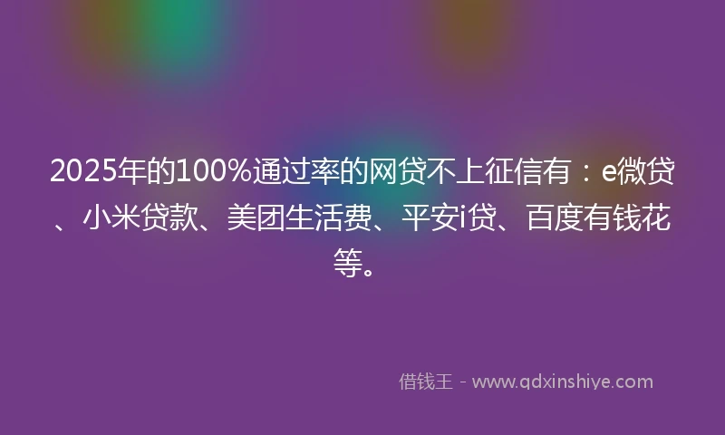 2025年的100%通过率的网贷不上征信有：e微贷、小米贷款、美团生活费、平安i贷、百度有钱花等。
