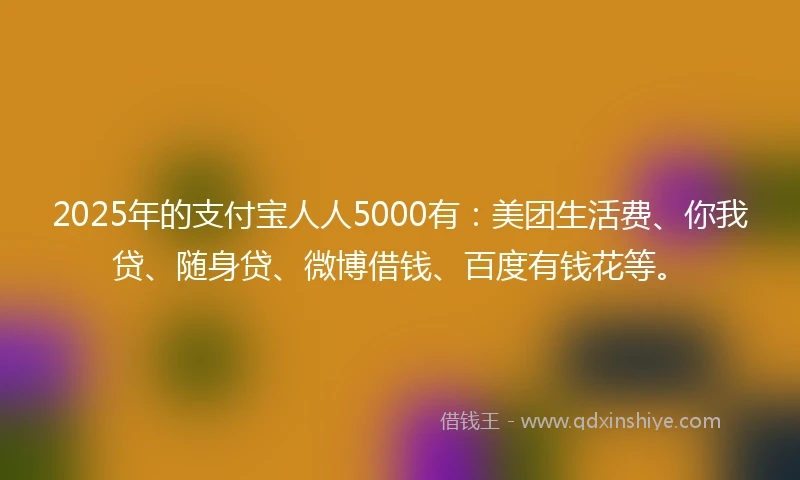 2025年的支付宝人人5000有：美团生活费、你我贷、随身贷、微博借钱、百度有钱花等。