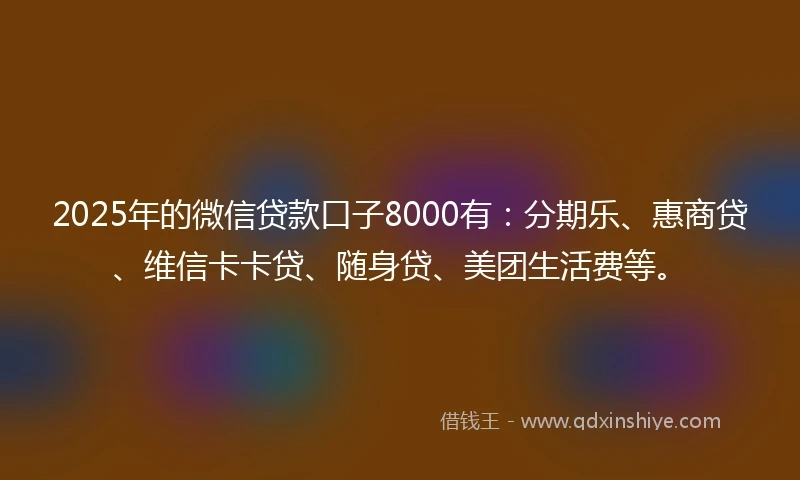 2025年的微信贷款口子8000有：分期乐、惠商贷、维信卡卡贷、随身贷、美团生活费等。