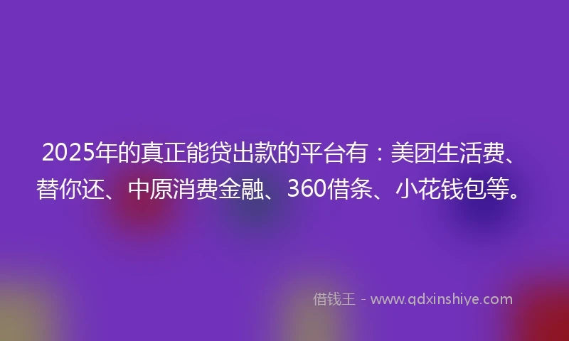 2025年的真正能贷出款的平台有:美团生活费、替你还、中原消费金融、360借条、小花钱包等。