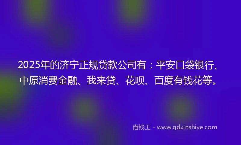 2025年的济宁正规贷款公司有：平安口袋银行、中原消费金融、我来贷、花呗、百度有钱花等。
