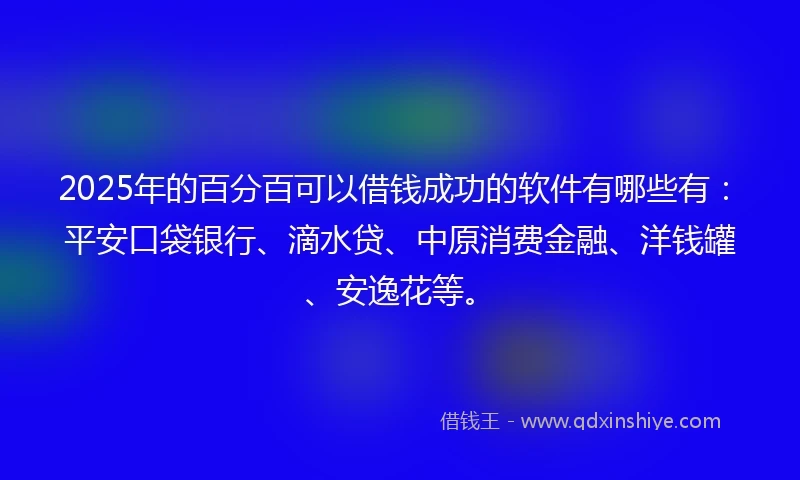 2025年的百分百可以借钱成功的软件有哪些有：平安口袋银行、滴水贷、中原消费金融、洋钱罐、安逸花等。