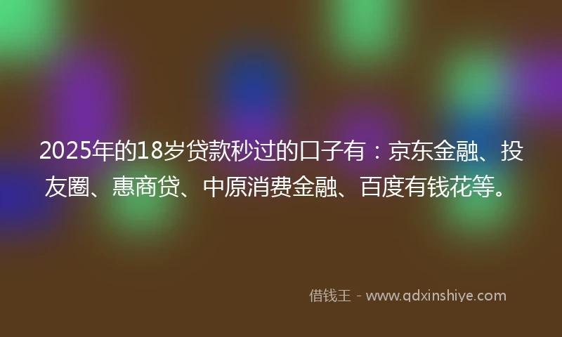 2025年的18岁贷款秒过的口子有：京东金融、投友圈、惠商贷、中原消费金融、百度有钱花等。
