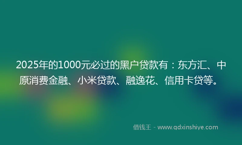 2025年的1000元必过的黑户贷款有：东方汇、中原消费金融、小米贷款、融逸花、信用卡贷等。