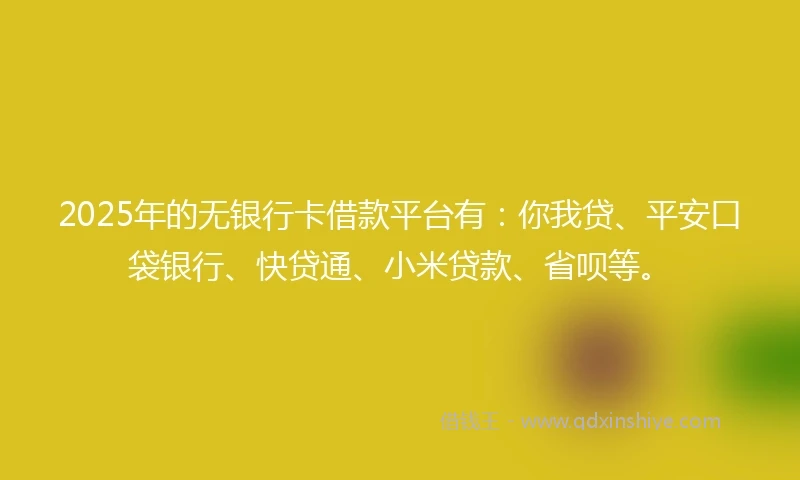 2025年的无银行卡借款平台有：你我贷、平安口袋银行、快贷通、小米贷款、省呗等。