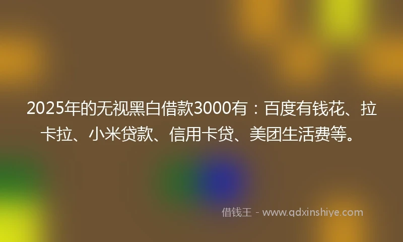 2025年的无视黑白借款3000有：百度有钱花、拉卡拉、小米贷款、信用卡贷、美团生活费等。