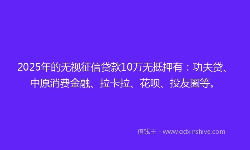2025年的无视征信贷款10万无抵押有：功夫贷、中原消费金融、拉卡拉、花呗、投友圈等。