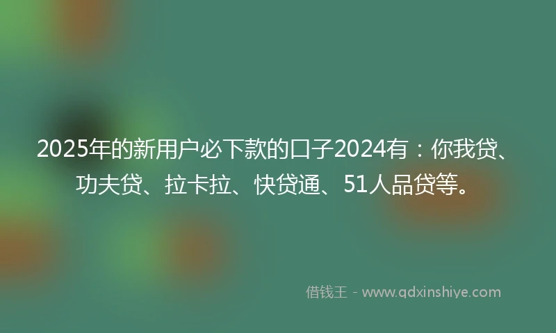 2025年的新用户必下款的口子2024有：你我贷、功夫贷、拉卡拉、快贷通、51人品贷等。